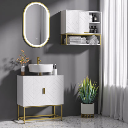 Kleankin Bathroom Cabinet Under Sink Storage Cabinet Basin Cupboard with 2 Doors and Gold Steel Legs