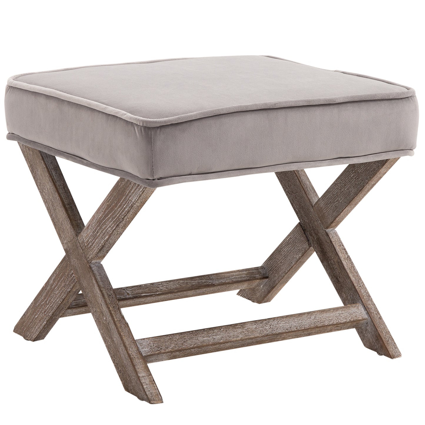 Retro Style Vintage Footstool Padded Seat X Leg Chair Velvet Cover Shabby Chic Footrest Solid Rubber Wood 49.5 x 45 x 41 cm Grey