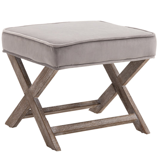 Retro Style Vintage Footstool Padded Seat X Leg Chair Velvet Cover Shabby Chic Footrest Solid Rubber Wood 49.5 x 45 x 41 cm Grey