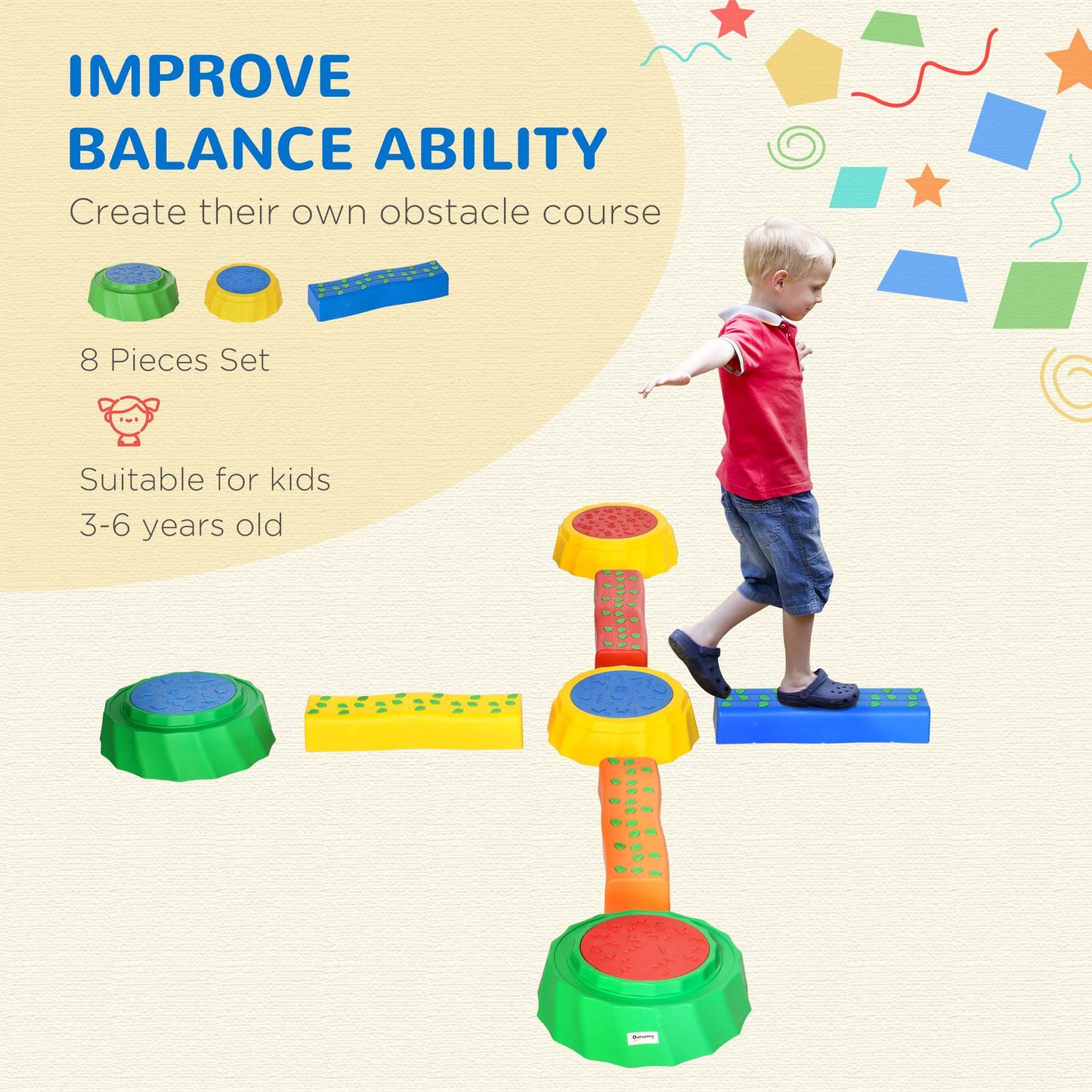 Outsunny 8pcs Kids Balance Beam, Balance Bridge with Non-slip Surface & Bottom, Stackable Stepping Stones for toddler, Strength Coordination Training