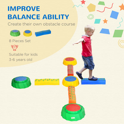 Outsunny 8pcs Kids Balance Beam, Balance Bridge with Non-slip Surface & Bottom, Stackable Stepping Stones for toddler, Strength Coordination Training