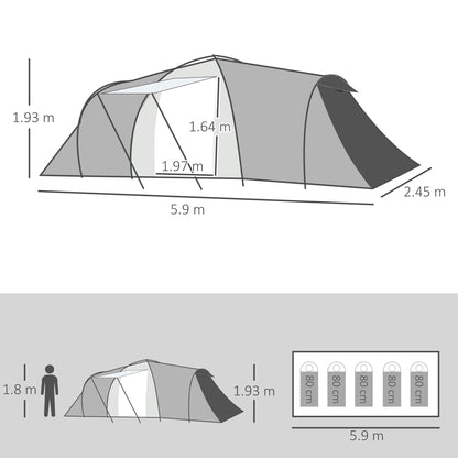 Outsunny 4-6 Man Tunnel Tent Camping Tent with 2 Bedroom, Vestibule, Bag, 2000mm Waterproof, UV50+ for Fishing, Hiking, Festival