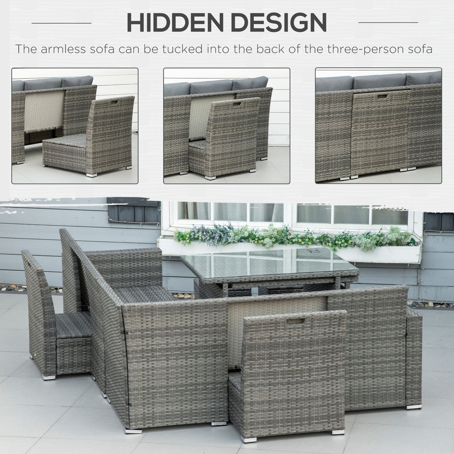 Outsunny 7 Piece Rattan Garden Furniture Set, 10-Seater Sofa Sectional with Cushioned Sofa Seat, Footstools and Expandable Glass Table for Yard Grey