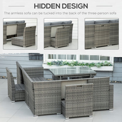 Outsunny 7 Piece Rattan Garden Furniture Set, 10-Seater Sofa Sectional with Cushioned Sofa Seat, Footstools and Expandable Glass Table for Yard Grey