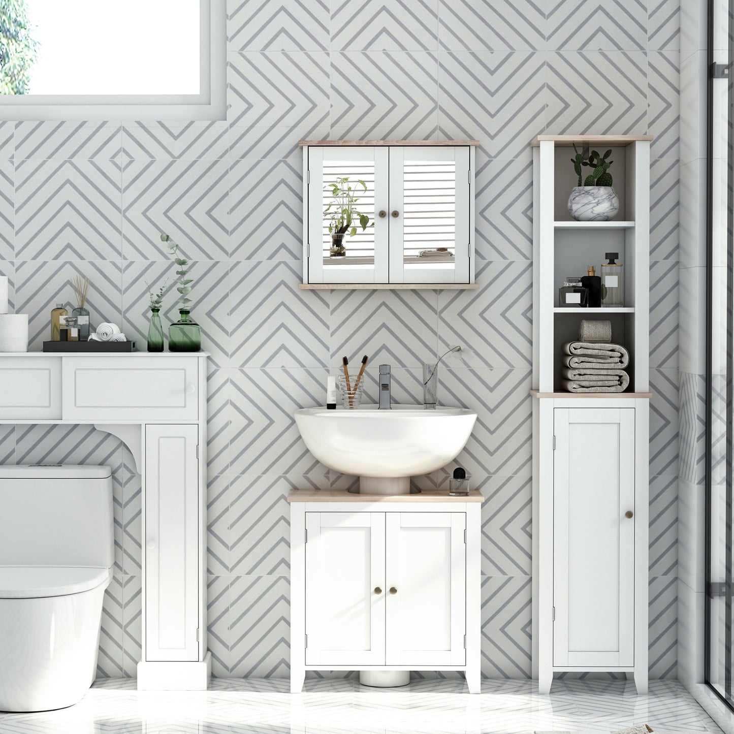 Kleankin Bathroom Sink Cabinet, with 2 Doors Pedestal Under Sink Design, Space Saver Organizer Freestanding with Internal Adjustable Shelf, White