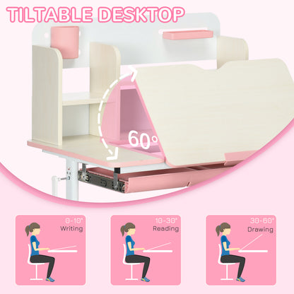Kids Desk and Chair Set, Height Adjustable Kids School Desk & Chair Set w/ Shelves, Washable Cover, Anti-Slip Mat, for Kids 3-12, Pink