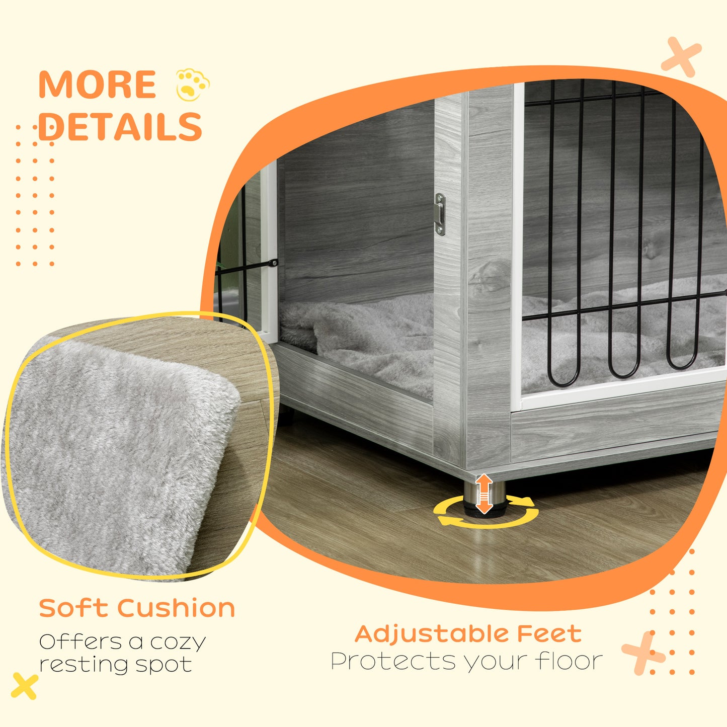 Dog Crate Furniture Side Table | Washable Cushion | Wire Mesh | Two Doors | Medium & Large Dogs up to 25kg | 90 x 58 x 65cm | Grey & White