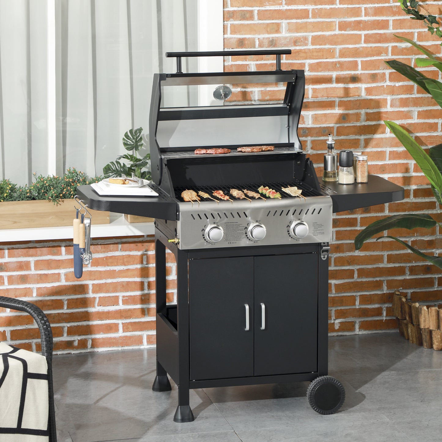 Outsunny 9 kW 3 Burner Gas BBQ Grill with See-through Lid, Black