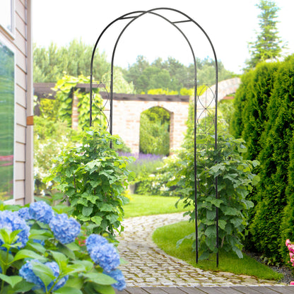 Matte Black Garden Arch | 2.3 m Steel Arbor Trellis with Curved Frame, Climbing Plant Supports, Hanging Basket Rails, Disc Feet & Ground Stakes