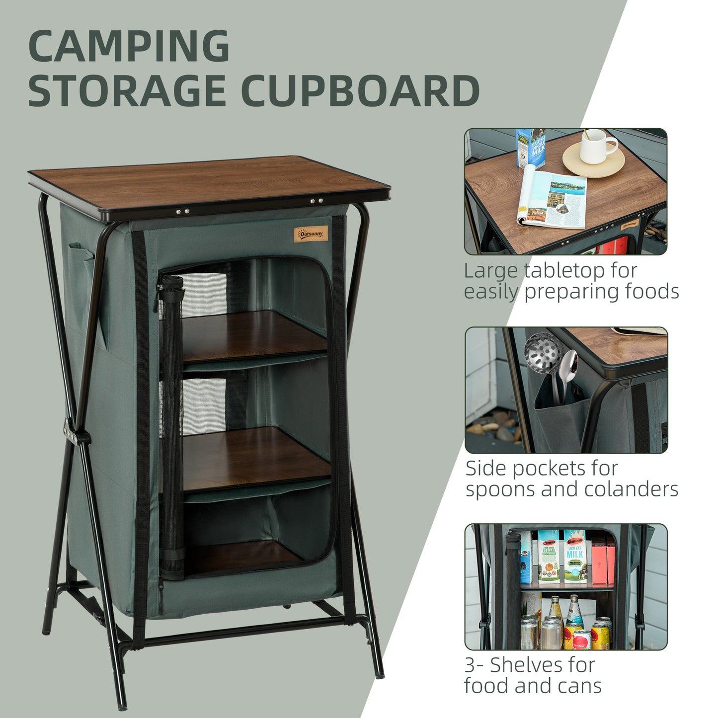 Outsunny Camping Cupboard, Aluminium Foldable Kitchen Station Cook Table w/ Storage Shelves and Carrying Bag for BBQ Party Picnic Backyard