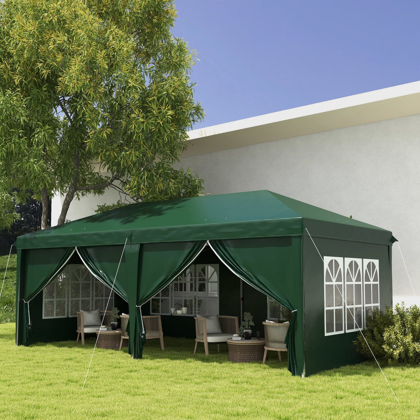 Outsunny 3 x 6m Garden Pop Up Gazebo Wedding Party Tent Marquee Water Resistant Awning Canopy With Sidewalls Windows - Green