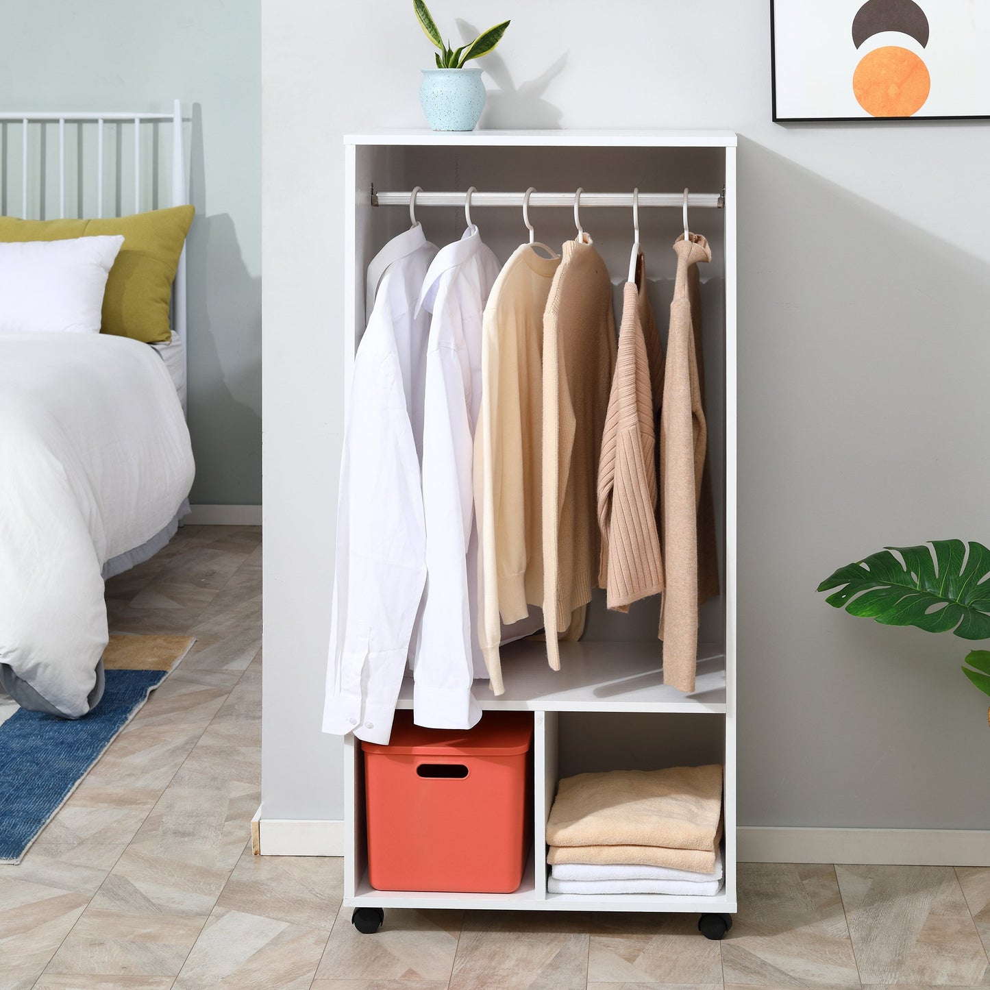 Open Wardrobe with Hanging Rod and Storage Shelves Mobile Garment Rack on Wheels Bedroom, Cloakroom, White