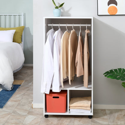 Open Wardrobe with Hanging Rod and Storage Shelves Mobile Garment Rack on Wheels Bedroom, Cloakroom, White