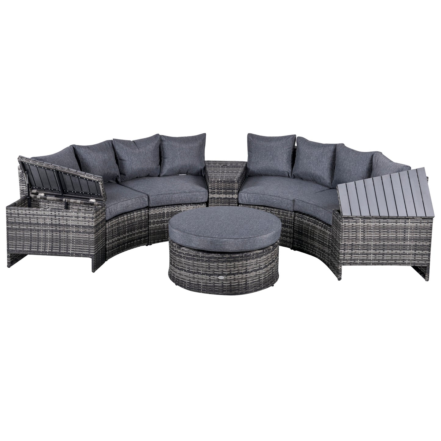 Outsunny 4-Seater Outdoor PE Rattan Wicker Sofa Set Half Round Conversation w/ 1 Umbrella Hole Side Table and 2 Storage Side Tables Grey