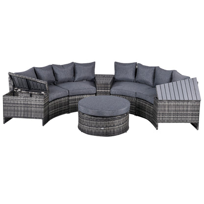 Outsunny 4-Seater Outdoor PE Rattan Wicker Sofa Set Half Round Conversation w/ 1 Umbrella Hole Side Table and 2 Storage Side Tables Grey