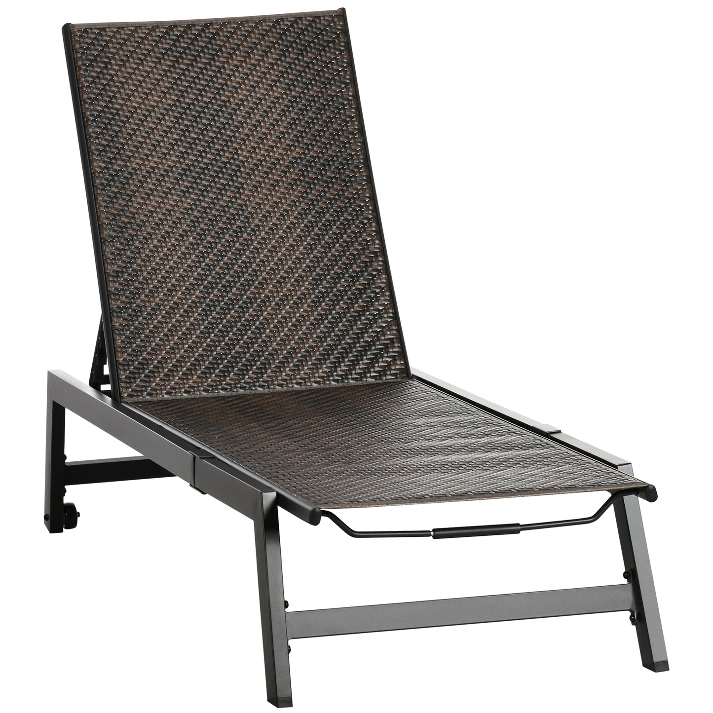 Outsunny Outdoor PE Rattan Sun Lounger, Patio Wicker Chaise Lounge Chair with 5-Position Backrest, Wheels for Sun Room, Garden, Poolside, Brown