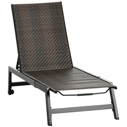 Outsunny Outdoor PE Rattan Sun Lounger, Patio Wicker Chaise Lounge Chair with 5-Position Backrest, Wheels for Sun Room, Garden, Poolside, Brown