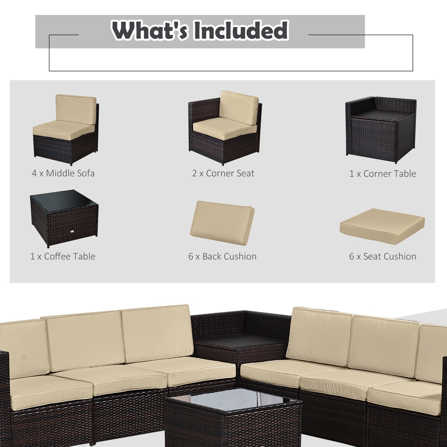 Outsunny 6-Seater Garden Rattan Furniture Patio Sofa and Table Set with Cushions Garden Corner Sofa 8 pcs Corner Wicker Seat Brown