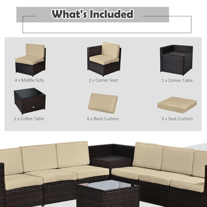 Outsunny 6-Seater Garden Rattan Furniture Patio Sofa and Table Set with Cushions Garden Corner Sofa 8 pcs Corner Wicker Seat Brown