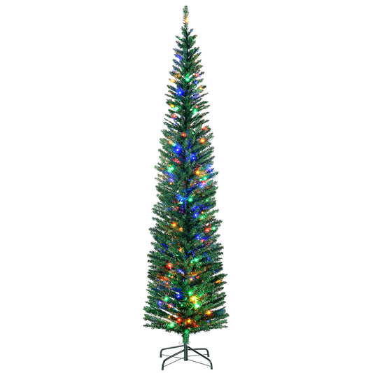 7.5' Artificial Prelit Christmas Trees Holiday Décor with Colourful LED Lights, Pencil Shape, Steel Base