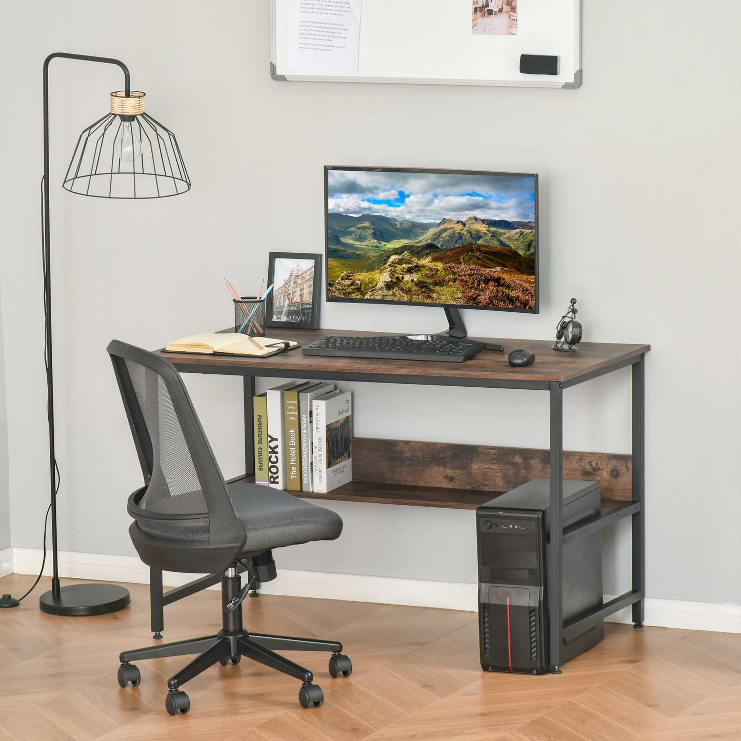 Computer Desk With Storage Shelf Adjustable Feet Metal Frame Home Office Laptop Study Writing Workstation Table Rustic Brown
