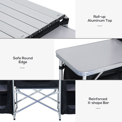 Outsunny Folding Camping Kitchen Cooking Table With Windscreen, Enclosed Cupboards, Aluminium Frame for BBQ, Party, Picnic