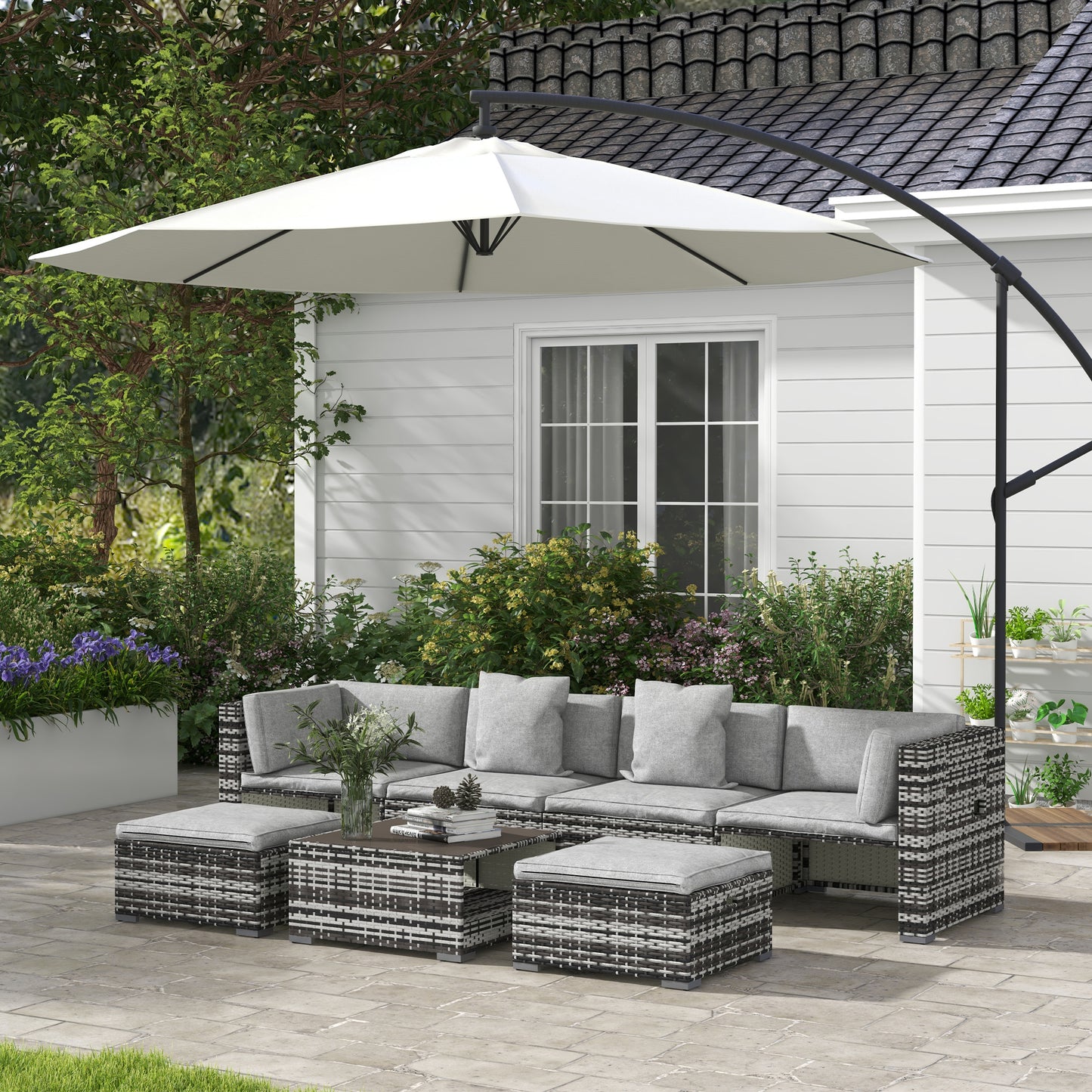 Outdoor Garden 7-Piece Rattan Patio Furniture Set with Sofa, Footstools, Coffee Table, Side Shelves, Cushions, Pillows, Mixed Grey