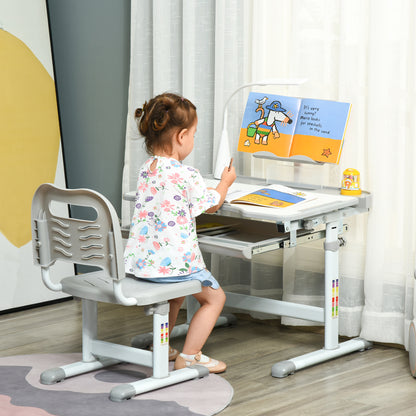 Kids Table and Chair Set, Activity Desk with USB Lamp, Storage Drawer for Study, Activities, Arts, or Crafts, Grey and White