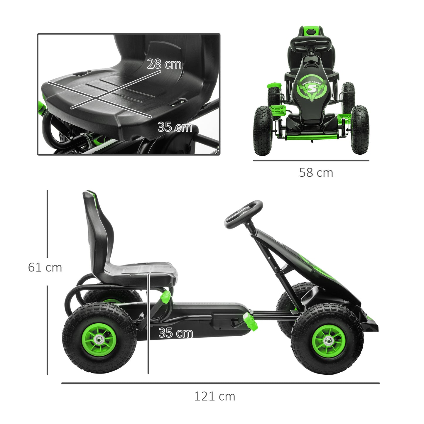 Children's Pedal Go Kart, Racing Go Cart with Adjustable Seat, Inflatable Tyre's, Shock Absorb, Handbrake, for Boys and Girls Ages 5-12, Green