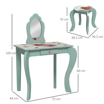 ZONEKIZ Kids Dressing Table with Mirror and Stool, Girls Vanity Table Makeup Desk with Drawer, Cute Animal Design, for 3-6 Years - Green