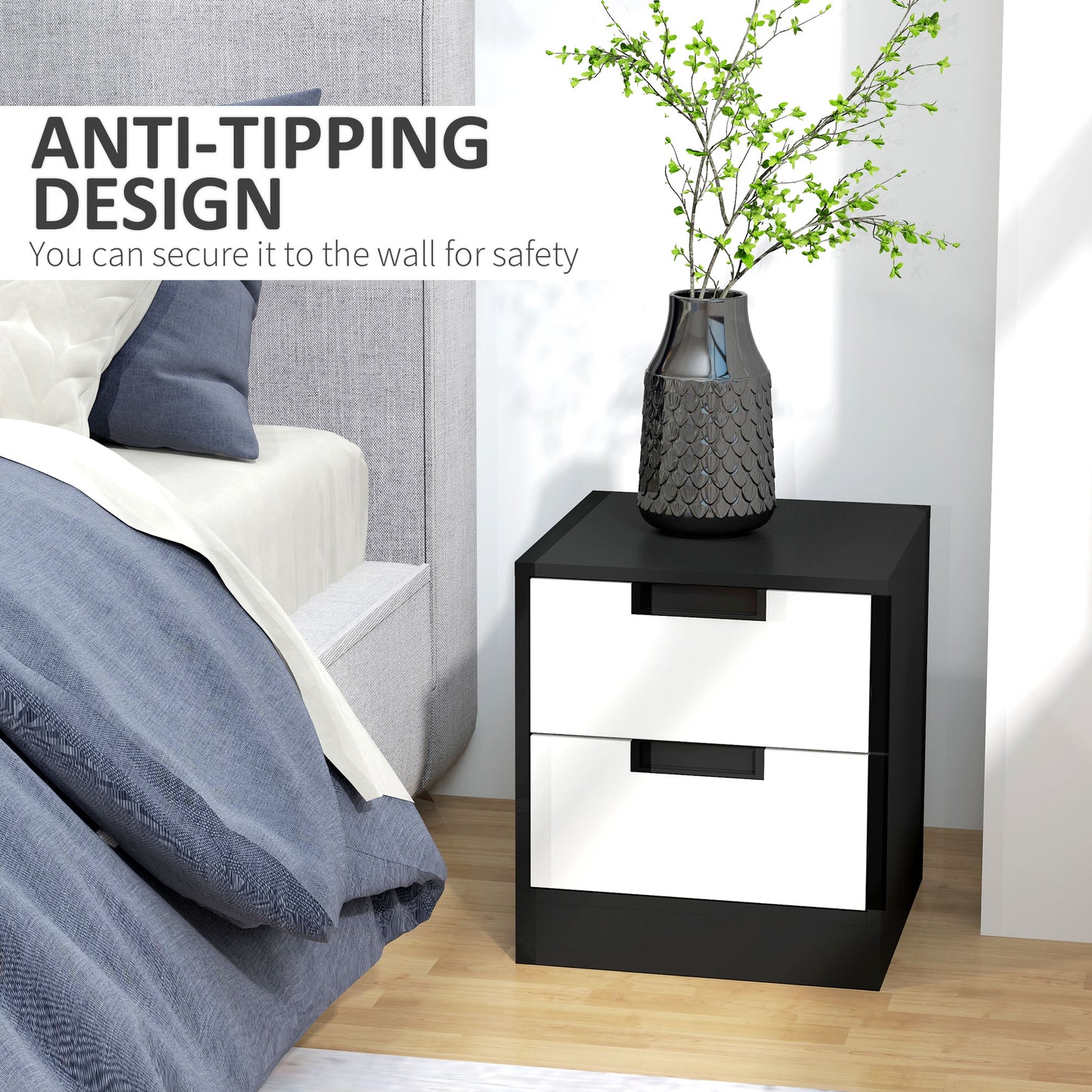 Bedside Tables Set of 2, Nightstands with 2 Drawers, Modern Bedside Cabinets with Storage for Bedroom, Living Room, White and Black