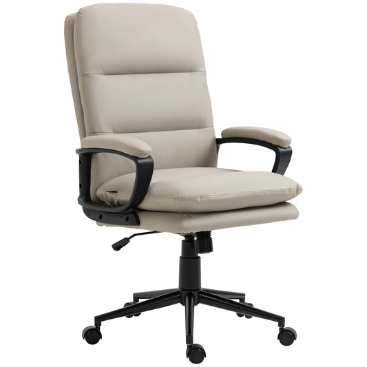 High Back PU Leather Office Chair | Double-Tier Padded Seat | Armrests | 360° Swivel | 5 Wheels | Height Adjustable 108-118cm | 51x43cm Seat | 120kg | Light Grey