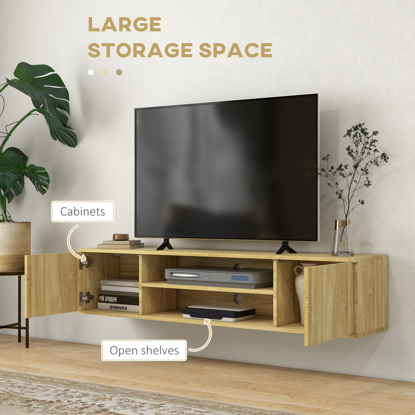 Floating TV Stand Cabinet for TVs up to 60", Wall Mounted TV Unit with Open Shelf, Storage Cupboards and Cable Management