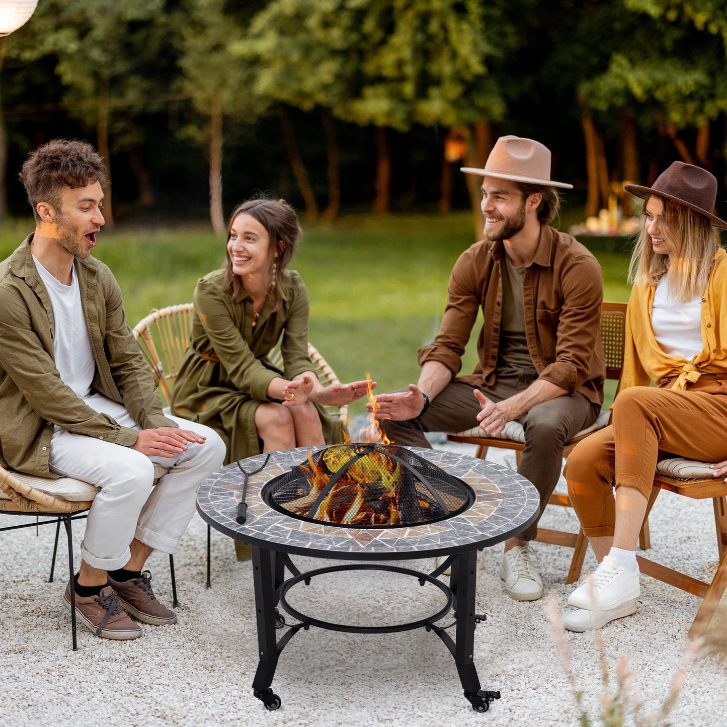 Outsunny 2-in-1 Outdoor Fire Pit on Wheels, Patio Heater with Cooking BBQ Grill, Firepit Bowl with Screen Cover, Fire Poker for Backyard Bonfire