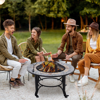 Outsunny 2-in-1 Outdoor Fire Pit on Wheels, Patio Heater with Cooking BBQ Grill, Firepit Bowl with Screen Cover, Fire Poker for Backyard Bonfire