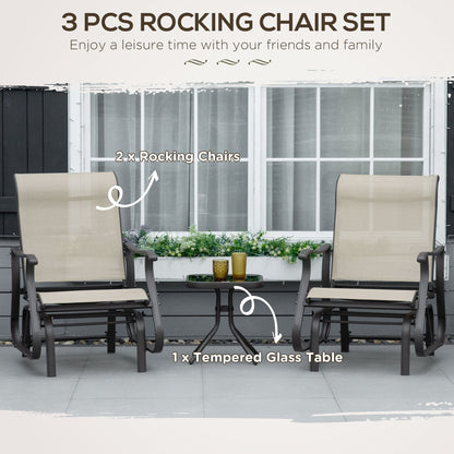Set of 3 Gliding Chair & Tea Table Set, Outdoor Rocker Set with 2 Armchairs, Tempered Glass Tabletop, Khaki