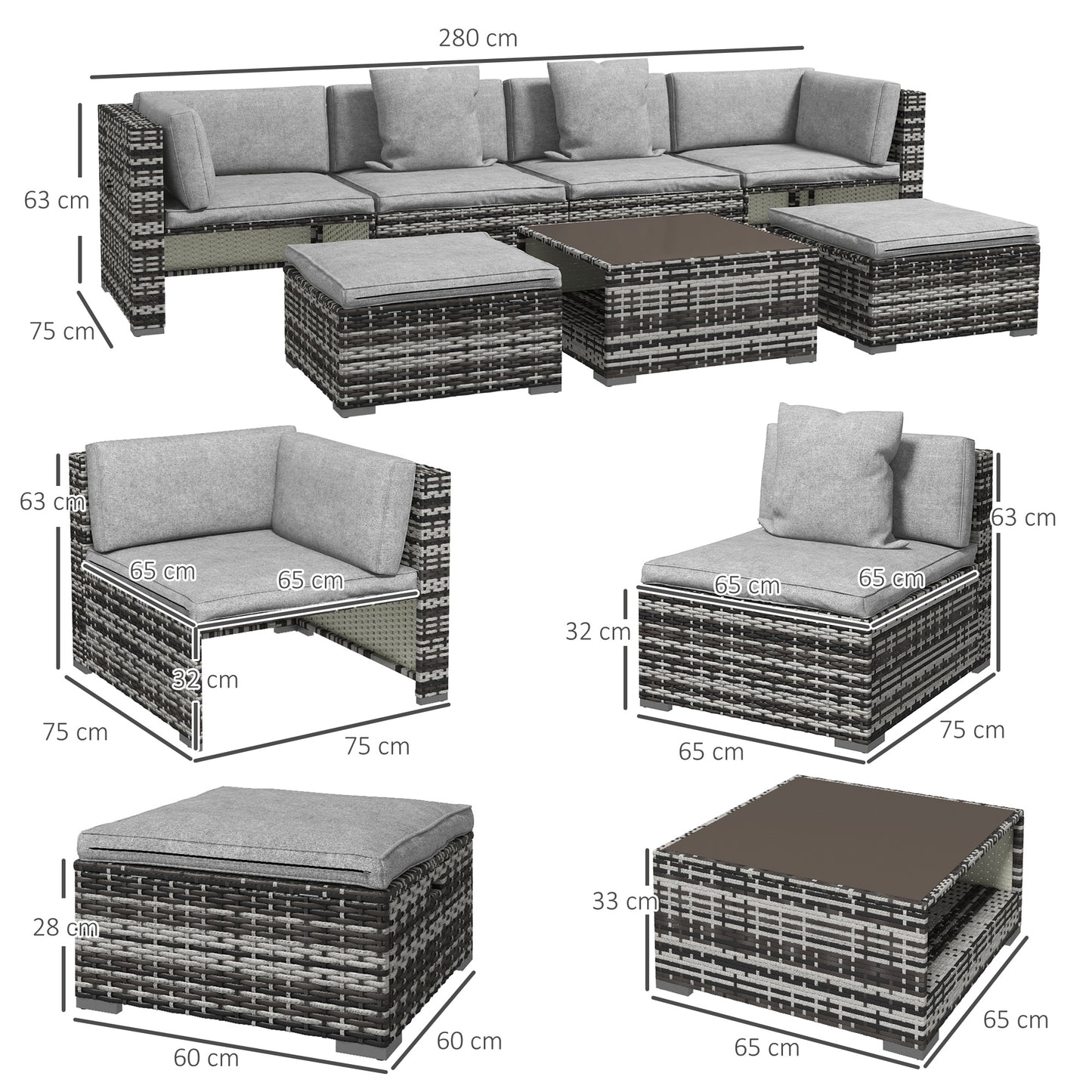 Outdoor Garden 7-Piece Rattan Patio Furniture Set with Sofa, Footstools, Coffee Table, Side Shelves, Cushions, Pillows, Mixed Grey