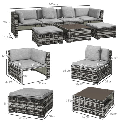 Outdoor Garden 7-Piece Rattan Patio Furniture Set with Sofa, Footstools, Coffee Table, Side Shelves, Cushions, Pillows, Mixed Grey
