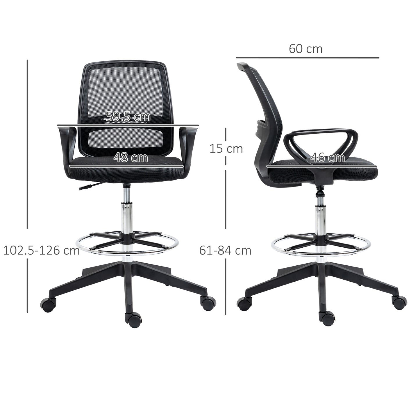 Vinsetto Ergonomic Mesh Back Draughtsman Chairs Tall Office Chair with Adjustable Height and Footrest 360° Swivel, Set of 5