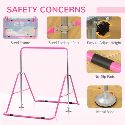 Gymnastics Bar for Kids, Folding Horizontal Bars with Adjustable Height, Training Bar with Triangle Base, Pink