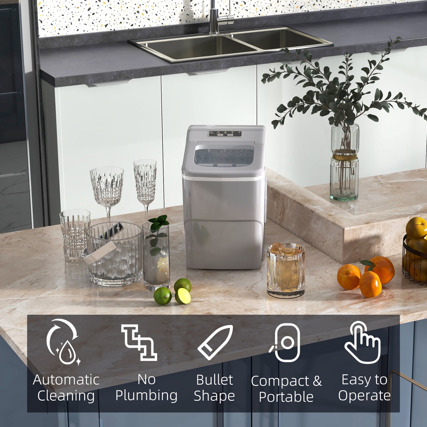 Portable Bullet Ice Cube Maker Machine Countertop, Automatic Cleaning, Visible Window Scoop And Basket For Kitchen - Silver