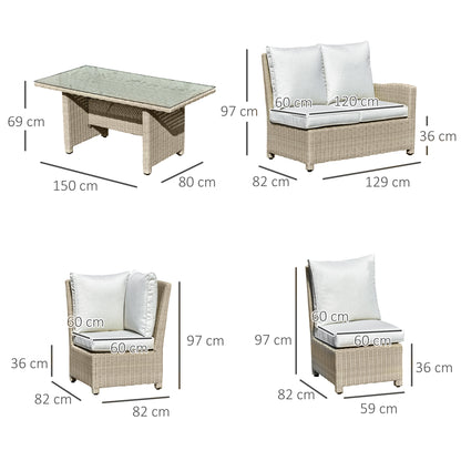 Outsunny 6-Seater Reclining PE Rattan Garden Dining Set Patio Furniture w/Sofa Chairs Glass Table Cushions Adjustable Feet Stylish Lounge Conversation