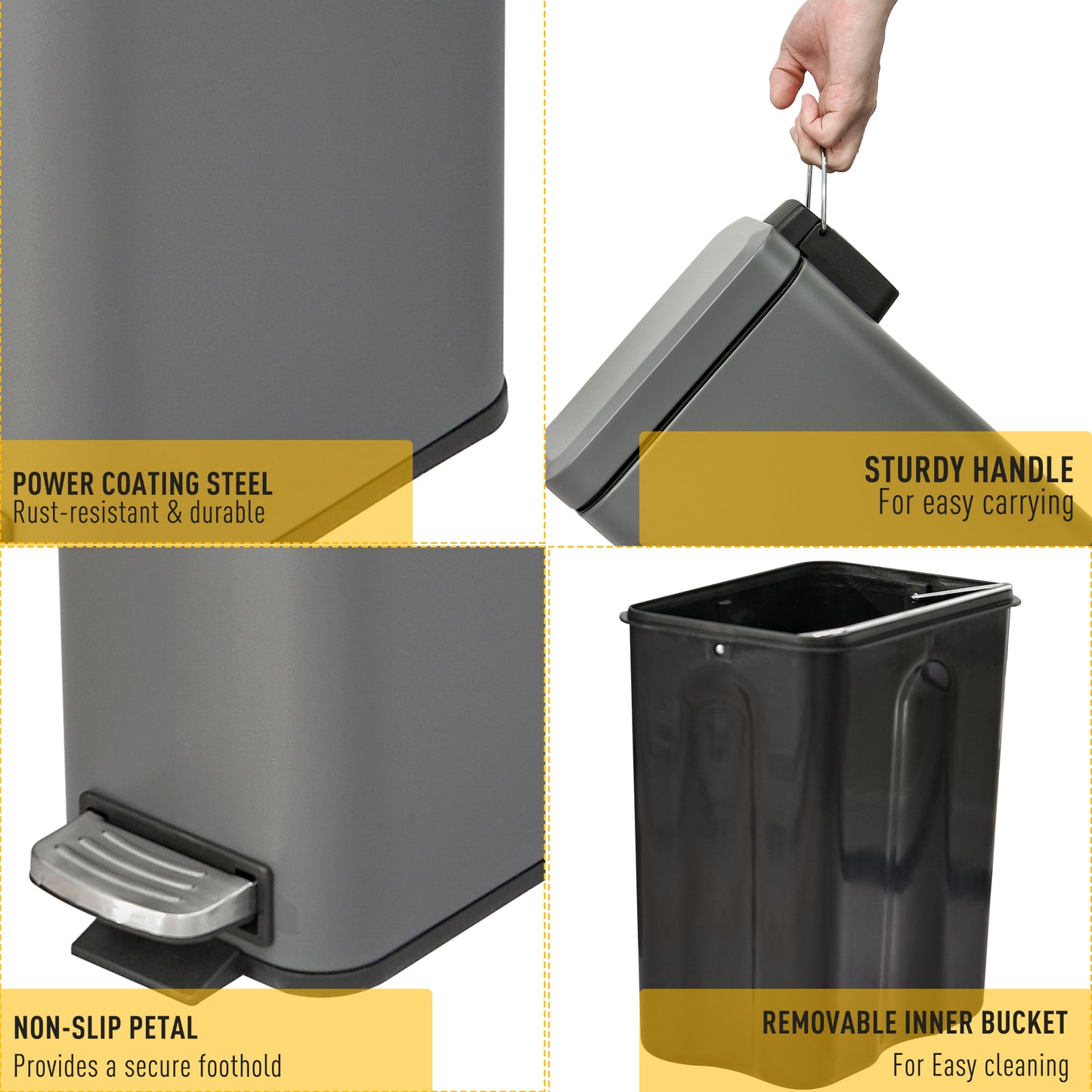 5L Rectangular Compact Bin, Steel Body, Removable Bucket, Quiet-Close Lid w/ Pedal Lid Rubbish Trash Can Garbage Tidy Clean, Grey