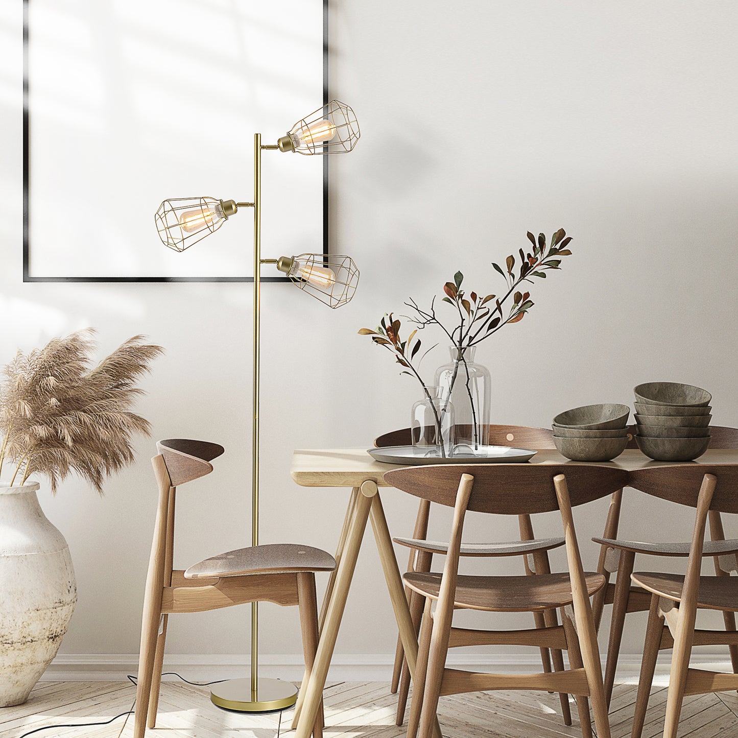 Retro Style Practical Tree Floor Lamp 3 Angle Adjustable Lampshade Steel Base for Living Room Bedroom Office Gold 165cm