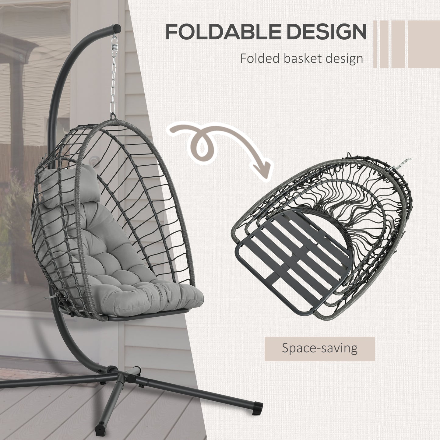 Outsunny Outdoor PE Rattan Swing Chair With Thick Padded Cushion, Foldable Basket Patio Hanging With Metal Stand - Light Grey