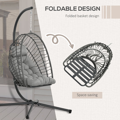 Outsunny Outdoor PE Rattan Swing Chair With Thick Padded Cushion, Foldable Basket Patio Hanging With Metal Stand - Light Grey
