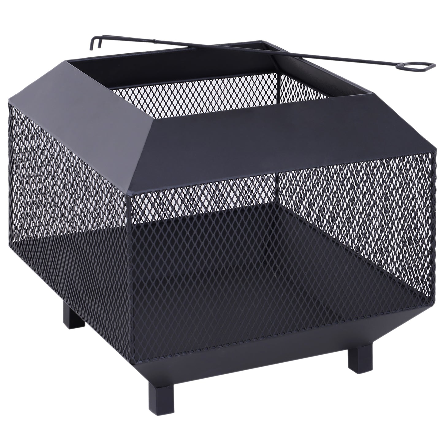 Outsunny Metal Square Fire Pit Outdoor Mesh Firepit Brazier w/ Lid, Log Grate, Poker for Backyard, Camping, Wood Burning Stove, 44 x 44 x 40cm, Black