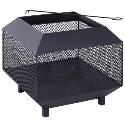 Outsunny Metal Square Fire Pit Outdoor Mesh Firepit Brazier w/ Lid, Log Grate, Poker for Backyard, Camping, Wood Burning Stove, 44 x 44 x 40cm, Black