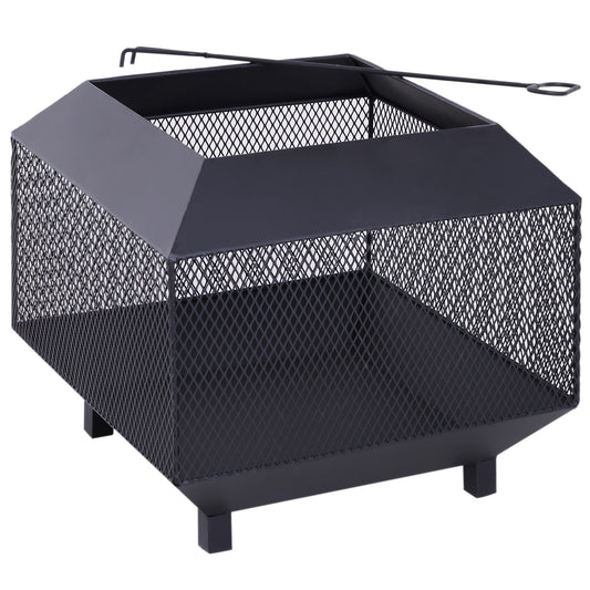 Outsunny Metal Square Fire Pit Outdoor Mesh Firepit Brazier w/ Lid, Log Grate, Poker for Backyard, Camping, Wood Burning Stove, 44 x 44 x 40cm, Black