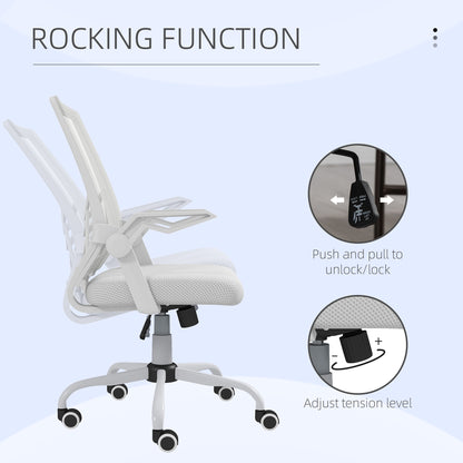 Mesh Office Chair | Flip-Up Armrests | Lumbar Support | Curved Back | Sponge Seat | Rocking Motion | 360° Swivel | 5 Wheels | Height Adjustable 45-55cm | 120kg | White